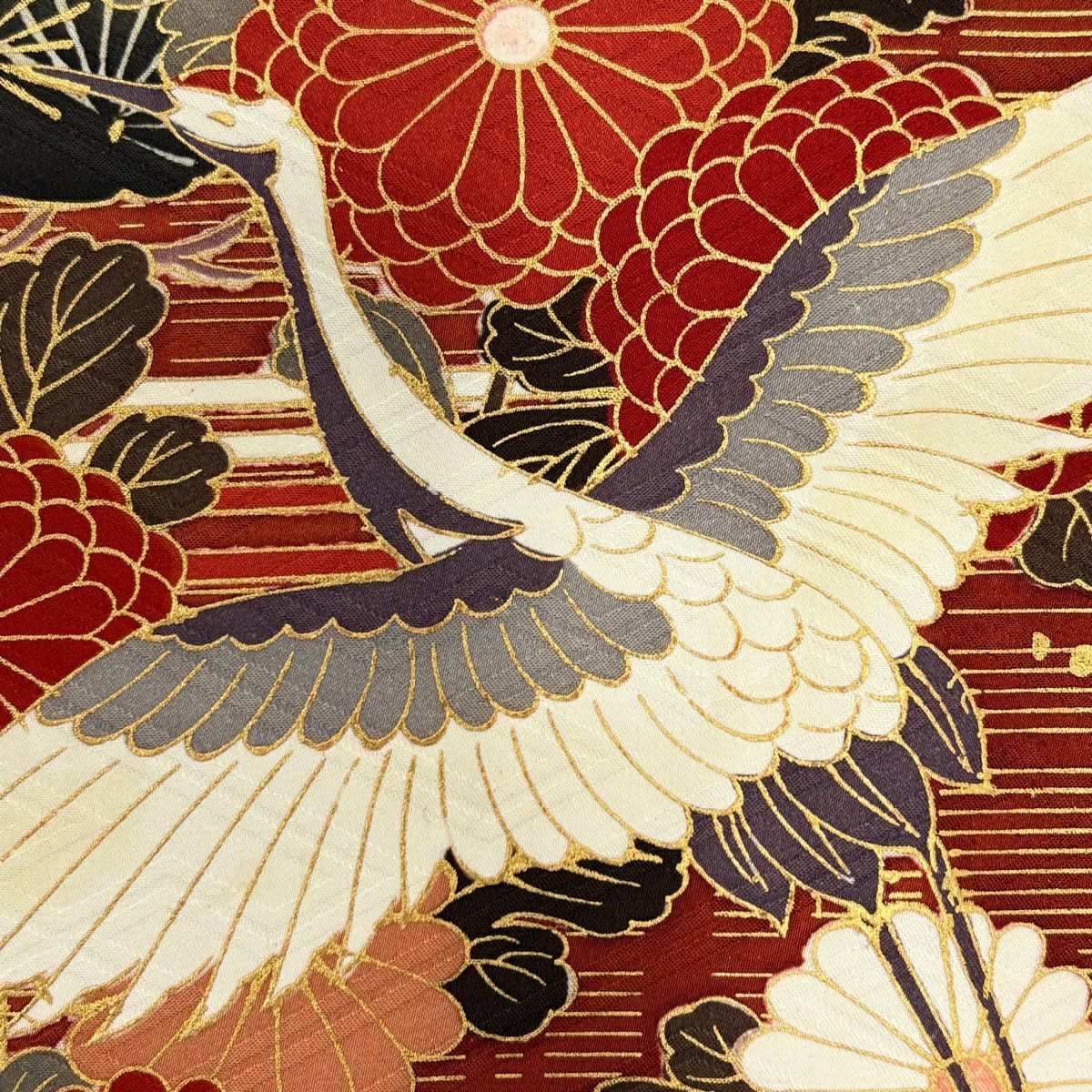 【美品】振袖禮服 身長158cm 袖長66cm M 雙層 仙鶴 松樹竹子梅花 金絲 金銀彩 紅茶 純蠶絲 名品級