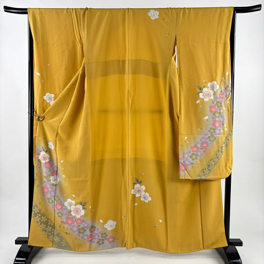 振袖禮服 身長162cm 袖長67cm M 雙層 鈴乃屋 樱花花瓣 金銀彩 金黃色 純蠶絲 名品級
