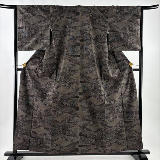 【美品】 紬織 身長158cm 袖長65.5cm M 雙層 草花紋紋 幾何學 焦茶 純蠶絲 名品級