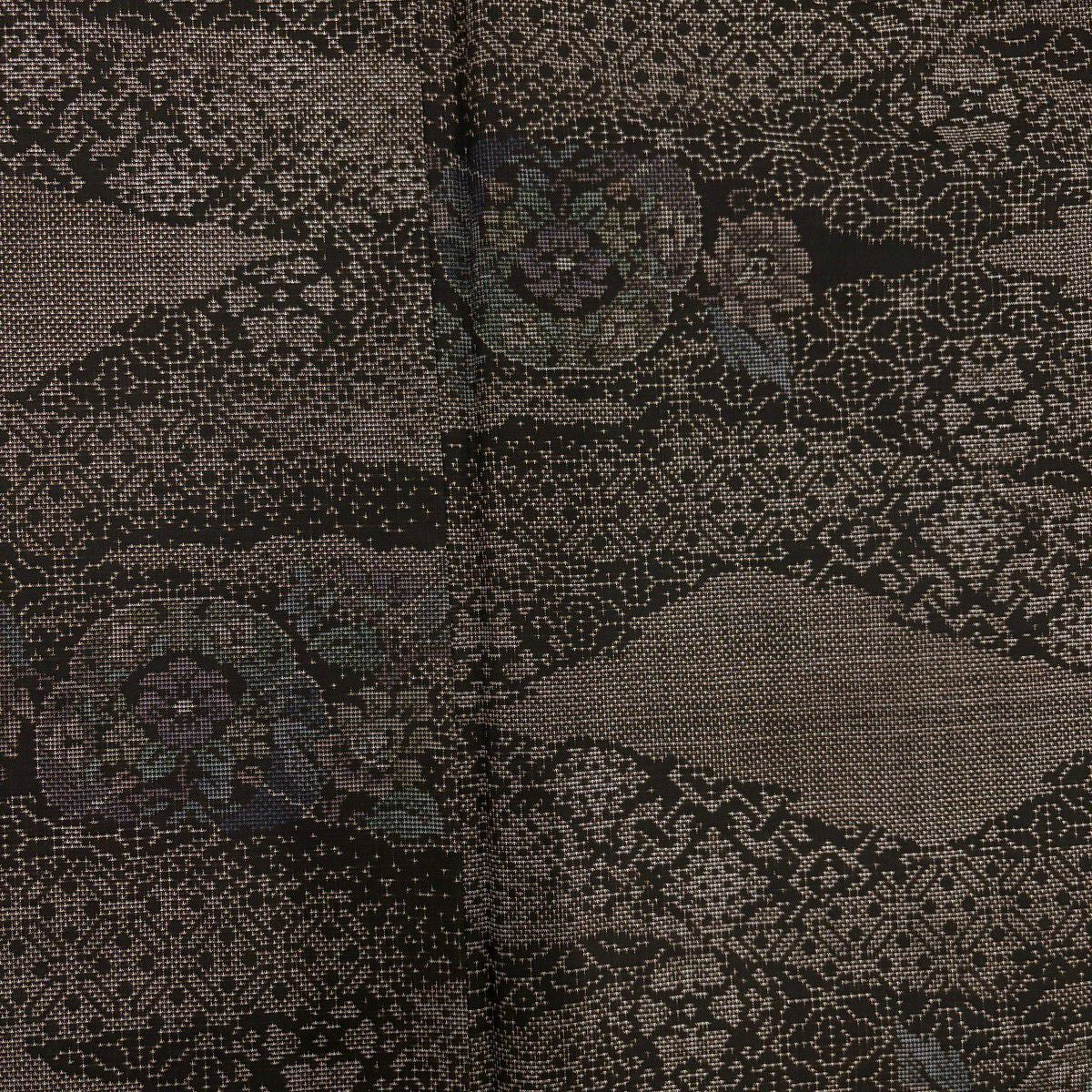 【美品】 紬織 身長158cm 袖長65.5cm M 雙層 草花紋紋 幾何學 焦茶 純蠶絲 名品級