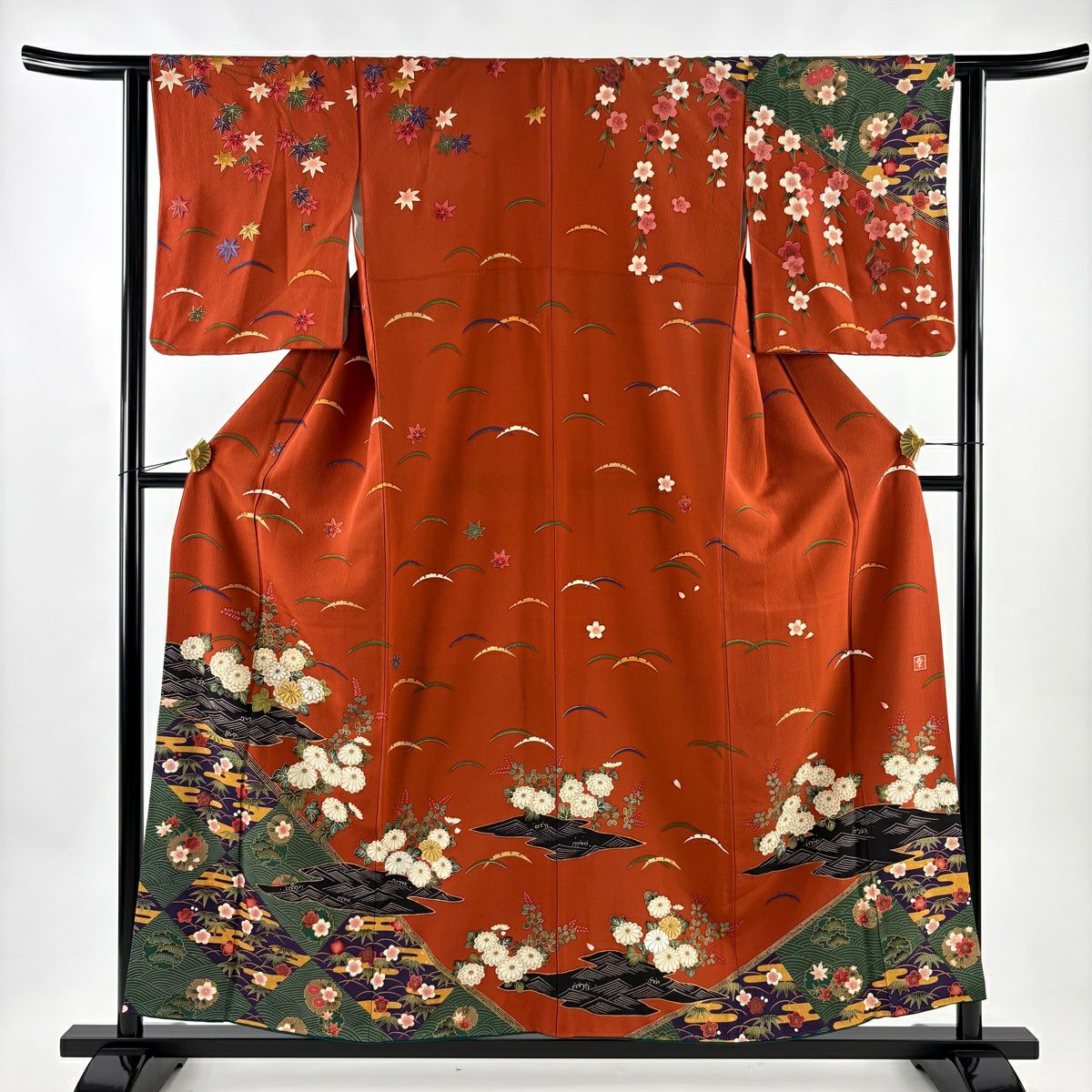 訪問服 身長156.5cm 袖長62.5cm S 雙層 花井幸子 落款あり 菊花 松樹竹子梅花 金絲 金銀彩 紅茶 純蠶絲 名品級
