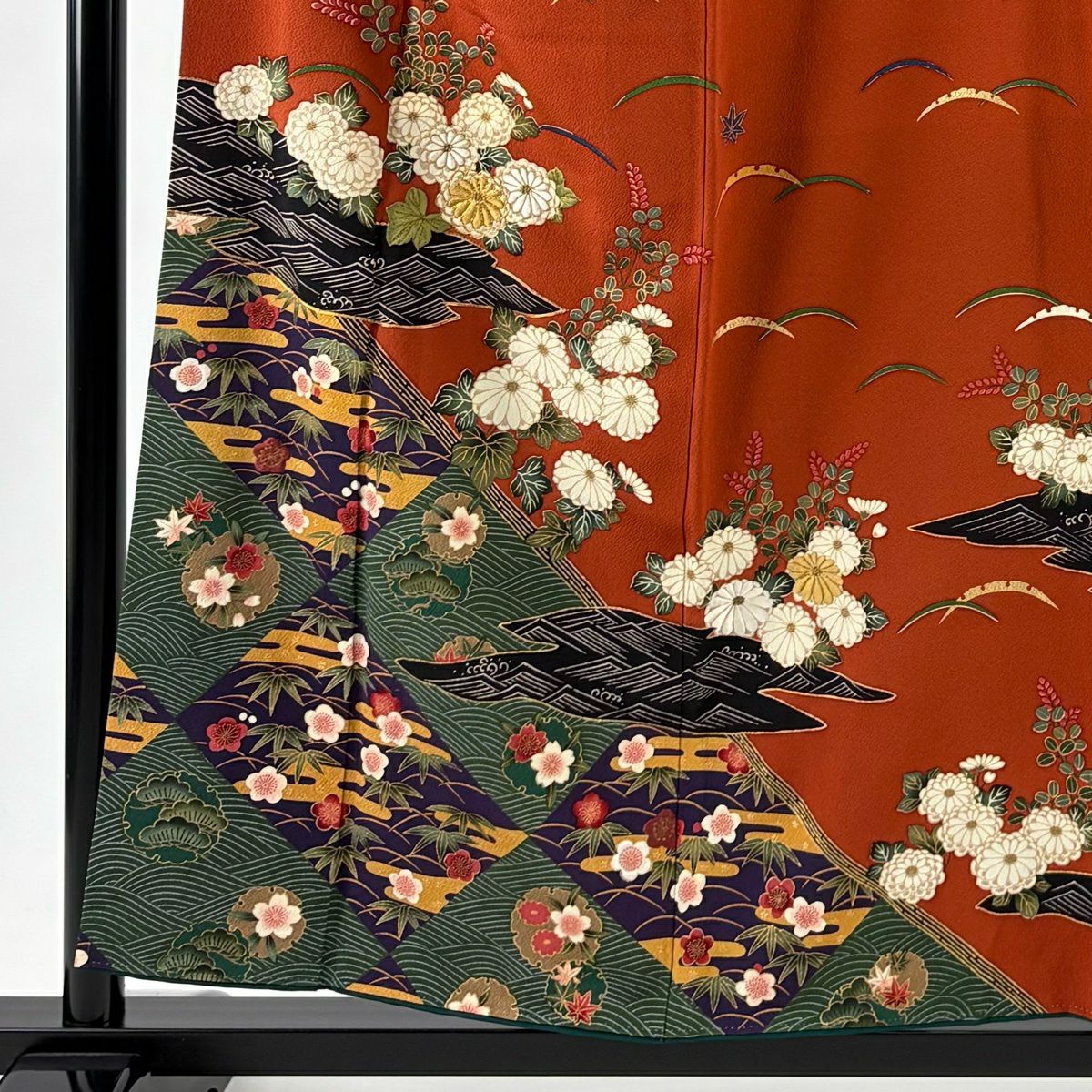 訪問服 身長156.5cm 袖長62.5cm S 雙層 花井幸子 落款あり 菊花 松樹竹子梅花 金絲 金銀彩 紅茶 純蠶絲 名品級