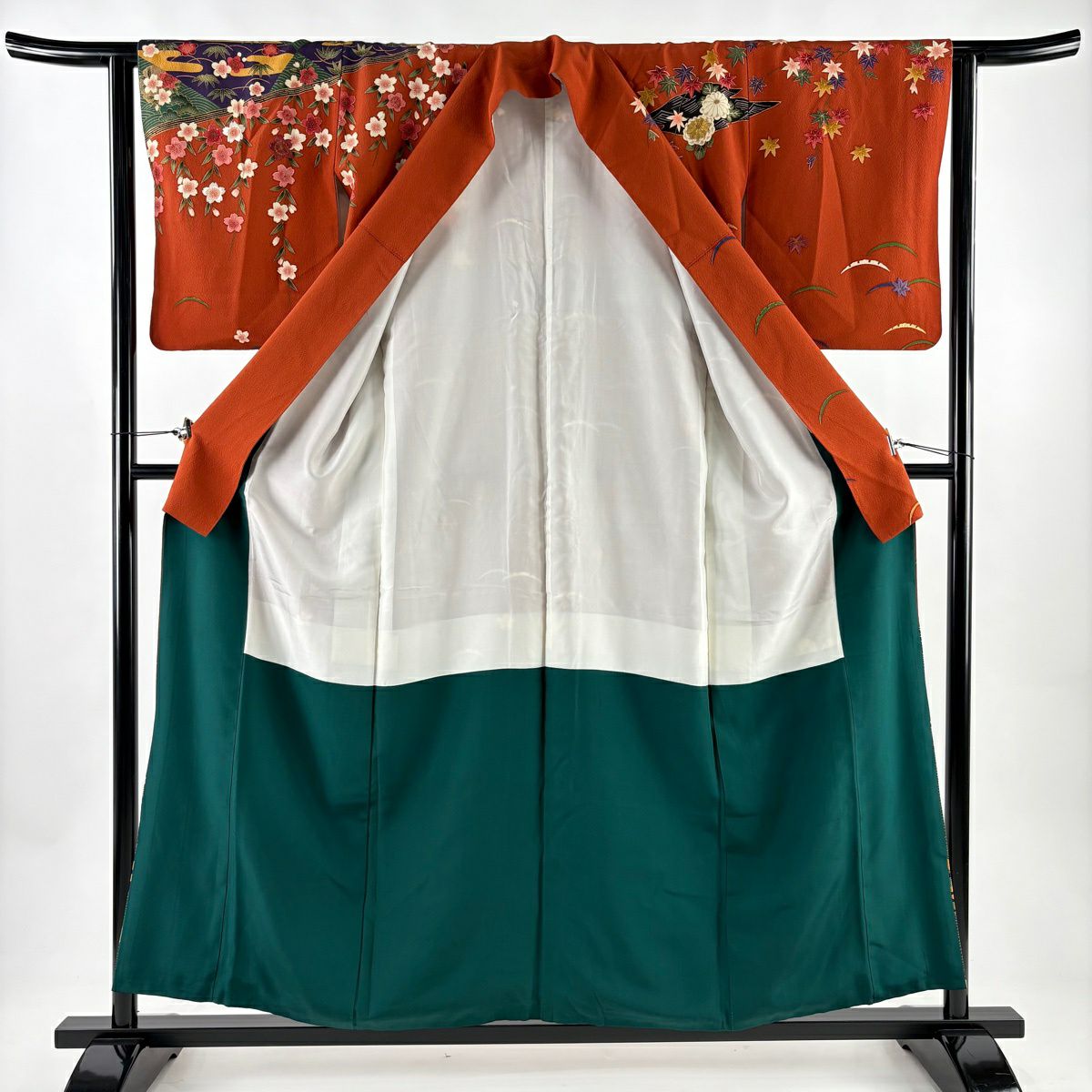 訪問服 身長156.5cm 袖長62.5cm S 雙層 花井幸子 落款あり 菊花 松樹竹子梅花 金絲 金銀彩 紅茶 純蠶絲 名品級