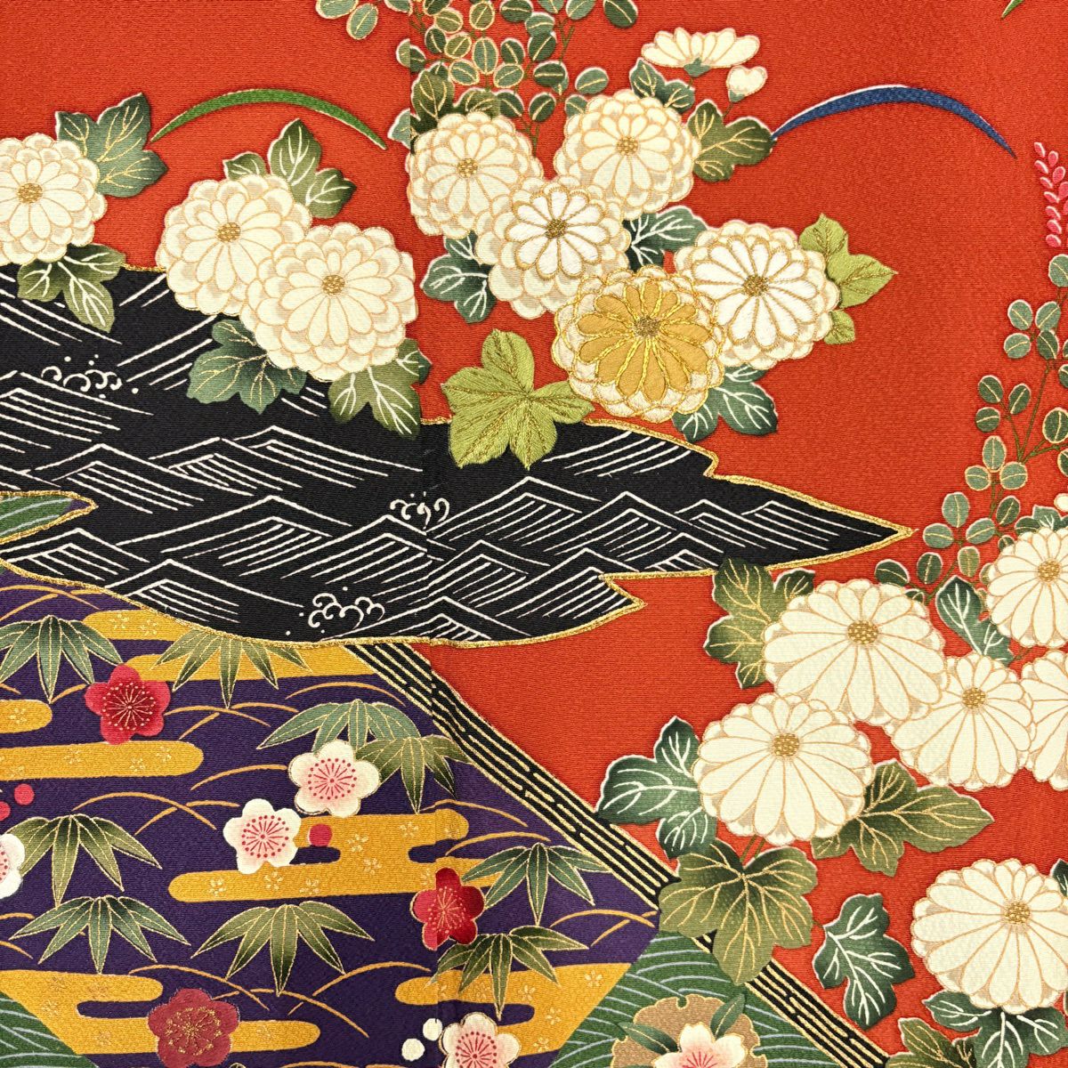 訪問服 身長156.5cm 袖長62.5cm S 雙層 花井幸子 落款あり 菊花 松樹竹子梅花 金絲 金銀彩 紅茶 純蠶絲 名品級
