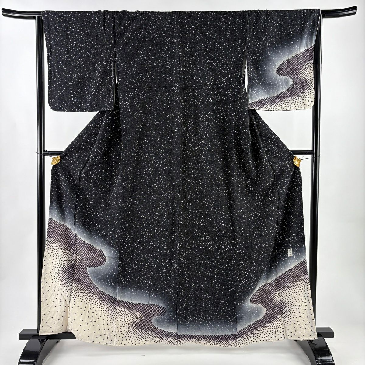 付下 身長163cm 袖長65.5cm M 雙層 落款 霞 絞染 金彩裝飾 黑 純蠶絲 名品級