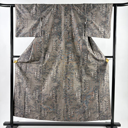 紬織 身長155cm 袖長62cm S 雙層 草花紋紋 灰茶 純蠶絲 名品級
