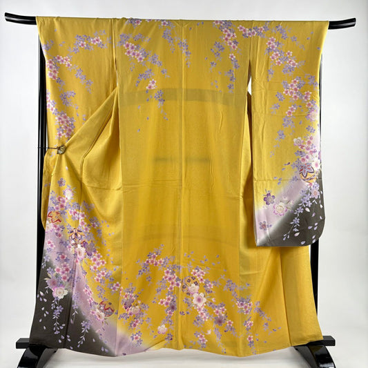 【美品】振袖禮服 身長160.5cm 袖長70cm L 雙層 手毬 櫻花 金金箔 金銀彩 黃色 純蠶絲 名品級