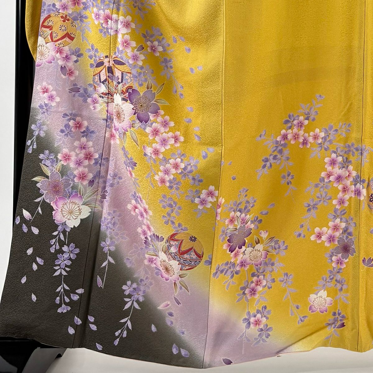 【美品】振袖禮服 身長160.5cm 袖長70cm L 雙層 手毬 櫻花 金金箔 金銀彩 黃色 純蠶絲 名品級