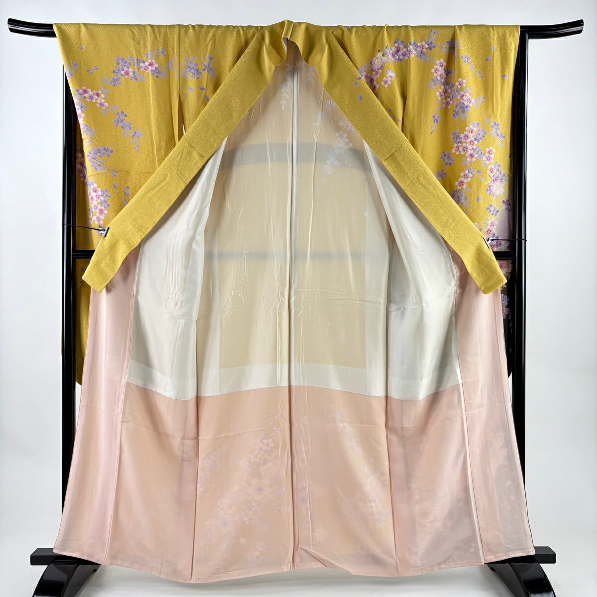 【美品】振袖禮服 身長160.5cm 袖長70cm L 雙層 手毬 櫻花 金金箔 金銀彩 黃色 純蠶絲 名品級