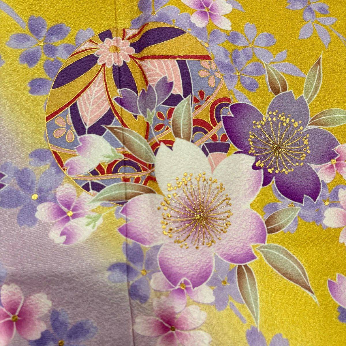 【美品】振袖禮服 身長160.5cm 袖長70cm L 雙層 手毬 櫻花 金金箔 金銀彩 黃色 純蠶絲 名品級