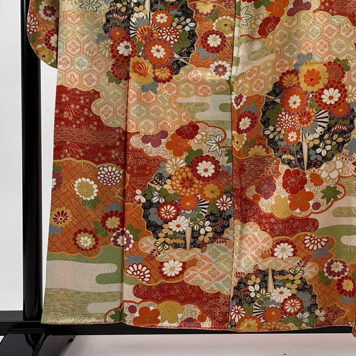 振袖禮服 身長160cm 袖長66.5cm M 雙層 菊花 龜甲 金通 金銀彩 紅茶 純蠶絲 名品級