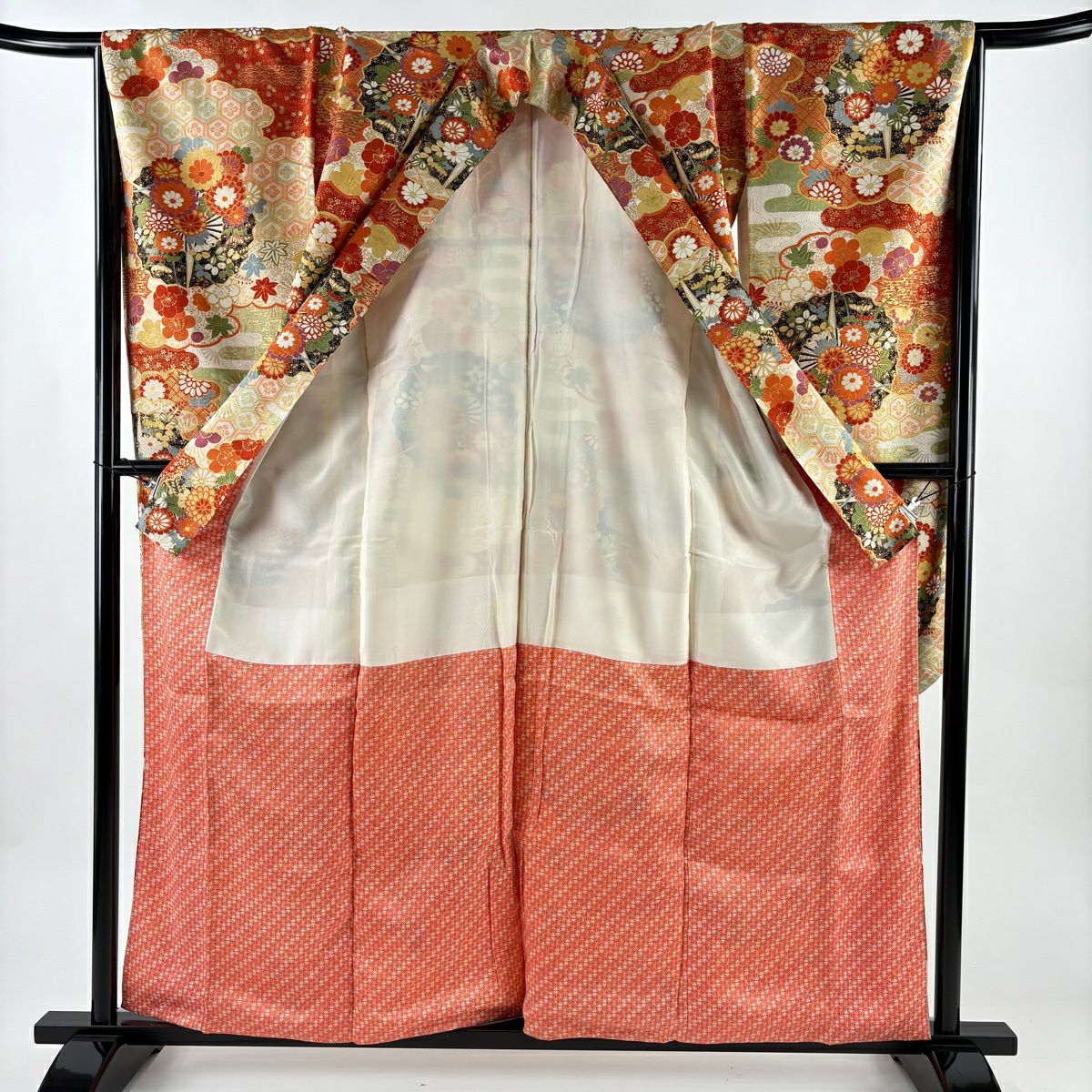 振袖禮服 身長160cm 袖長66.5cm M 雙層 菊花 龜甲 金通 金銀彩 紅茶 純蠶絲 名品級