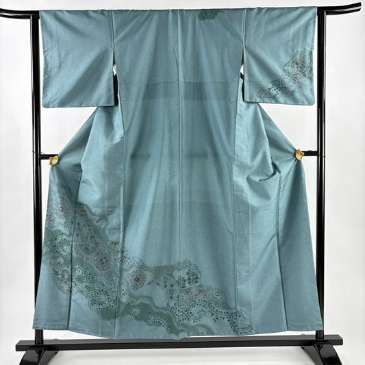 訪問服 身長156.5cm 袖長63cm S 雙層 紬織織 華紋 草花紋紋 刺繡 灰綠 純蠶絲 名品級