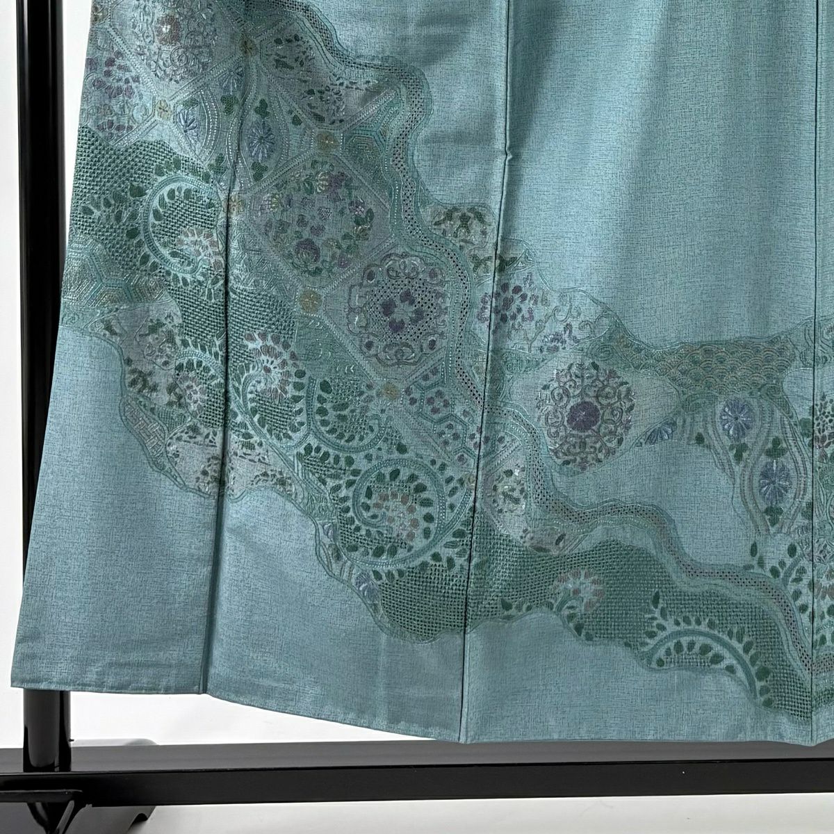 訪問服 身長156.5cm 袖長63cm S 雙層 紬織織 華紋 草花紋紋 刺繡 灰綠 純蠶絲 名品級
