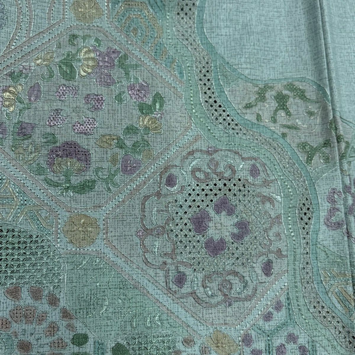 訪問服 身長156.5cm 袖長63cm S 雙層 紬織織 華紋 草花紋紋 刺繡 灰綠 純蠶絲 名品級