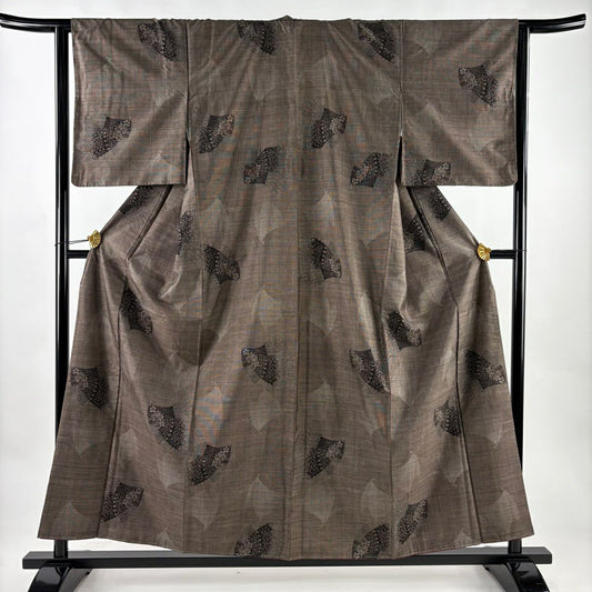 【美品】 大島紬織 身長157.5cm 袖長63.5cm S 雙層 純泥染 證書あり 蝶 焦茶 正蠶絲 名品級