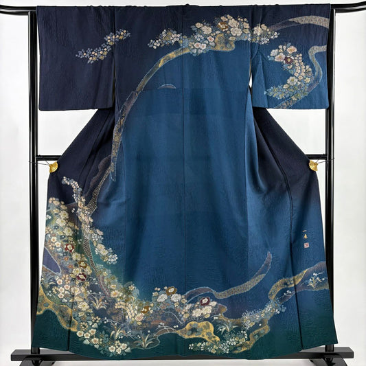 訪問服 身長157.5cm 袖長65cm M 雙層 吉乃一廉 落款あり 辻花染 七寶紋 金彩裝飾 深藍 純蠶絲 逸品級