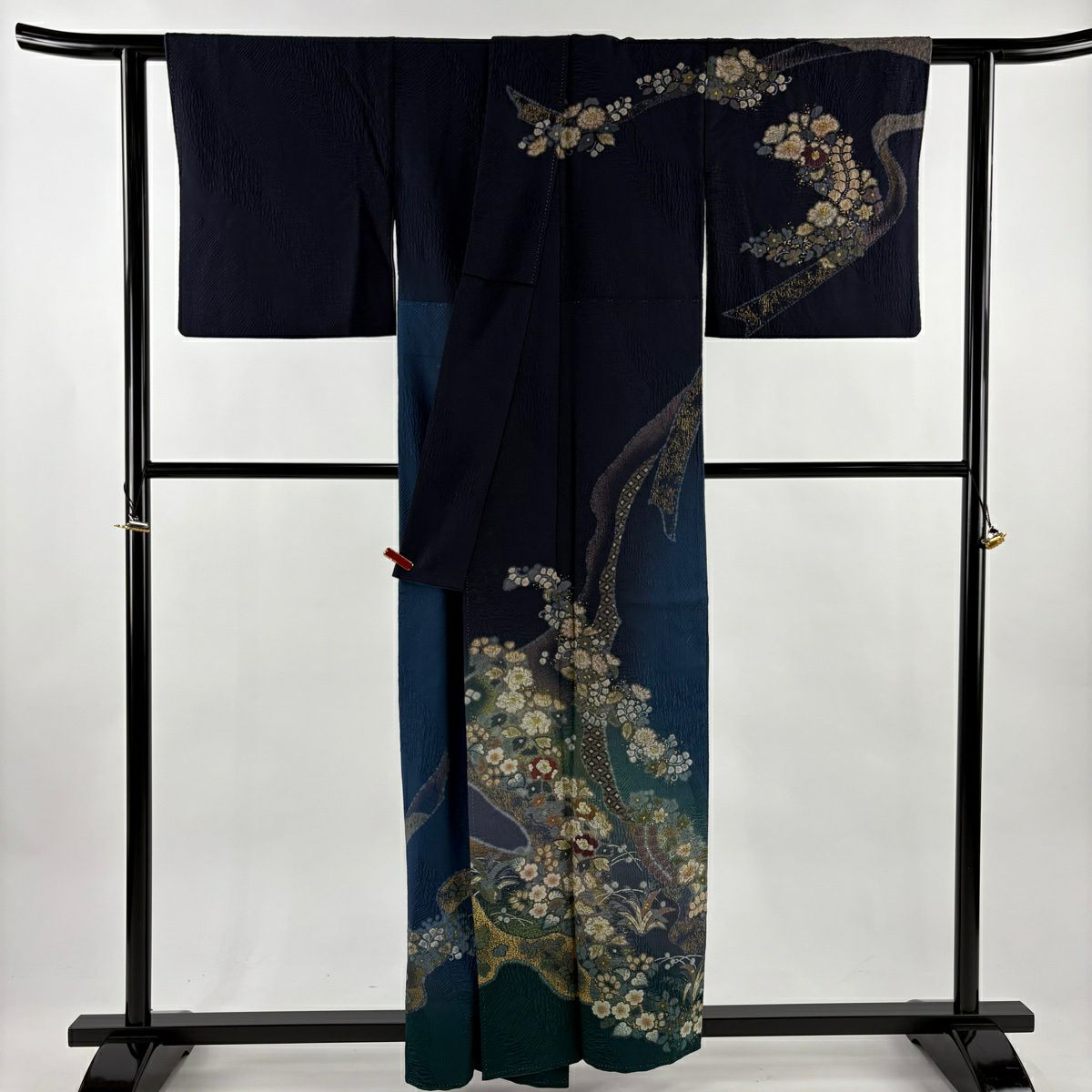 訪問服 身長157.5cm 袖長65cm M 雙層 吉乃一廉 落款あり 辻花染 七寶紋 金彩裝飾 深藍 純蠶絲 逸品級