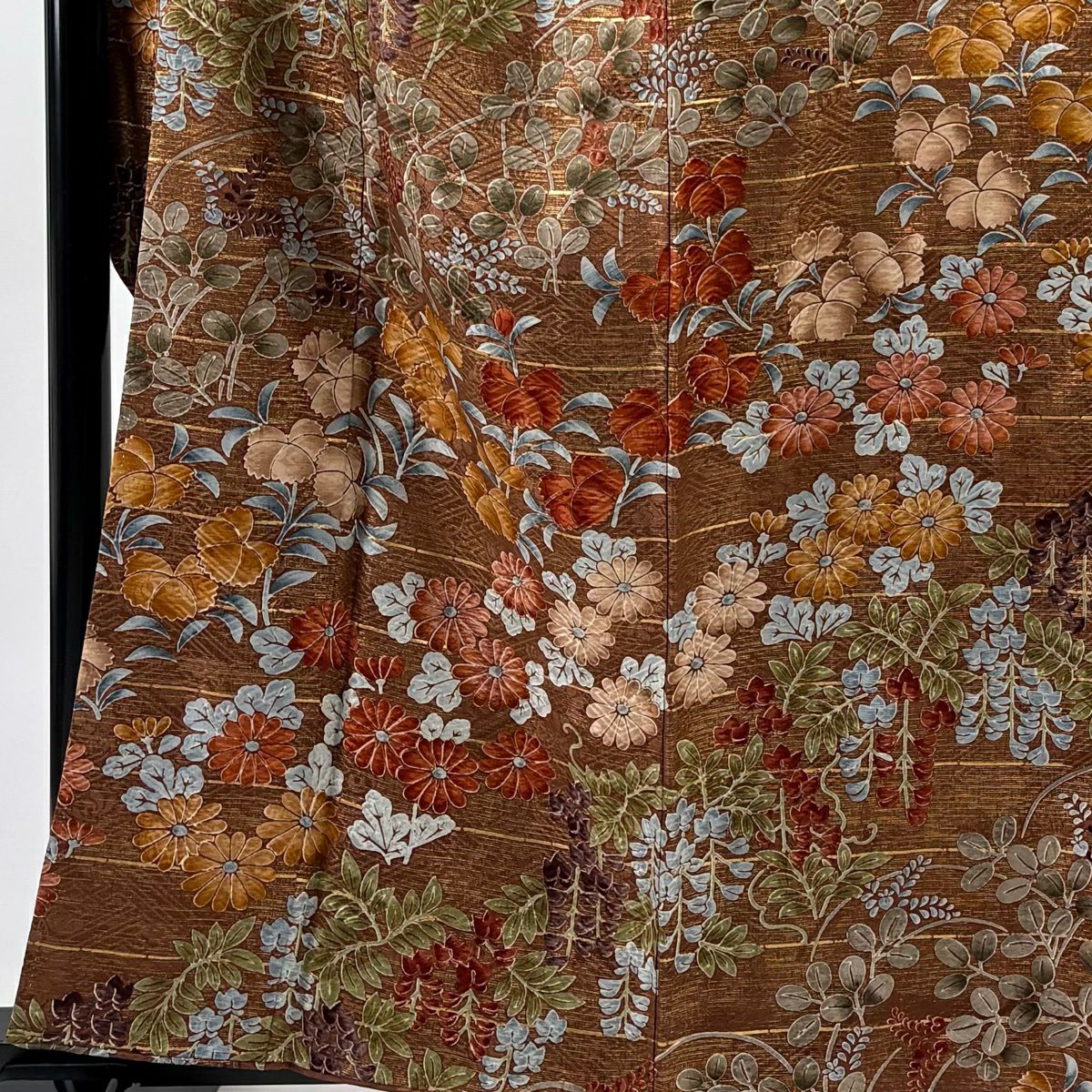 振袖禮服 身長159.5cm 袖長66.5cm M 雙層 河合美術織物 落款 藤 秋草紋 金彩裝飾 茶 純蠶絲 逸品級