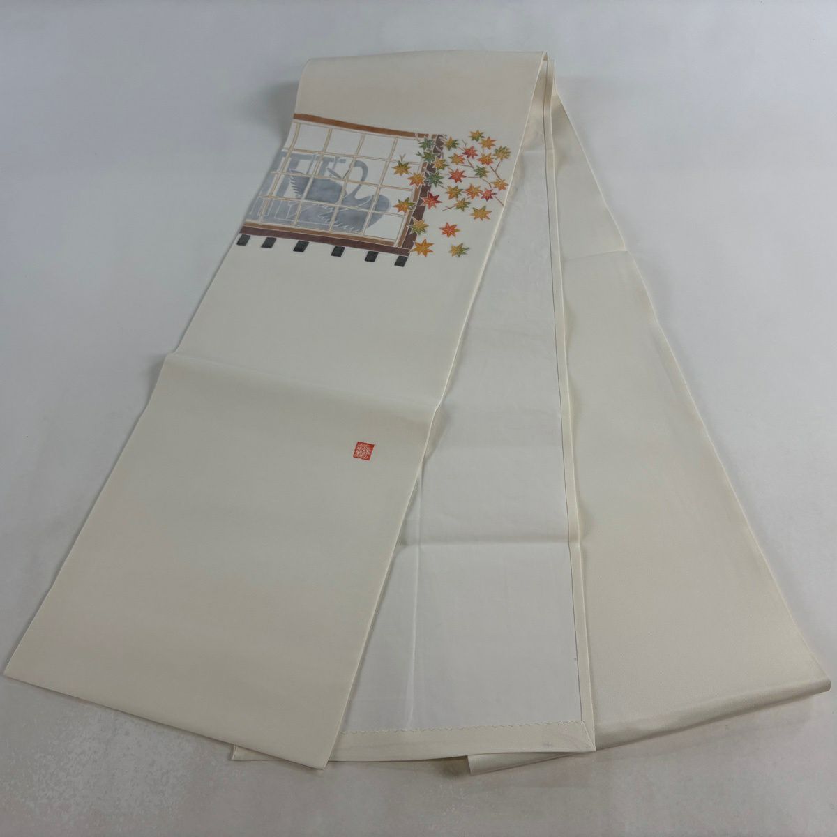 【美品】 開口名古屋帶 逸品級 附有落款 仙鶴的恩返 乳白色 純蠶絲