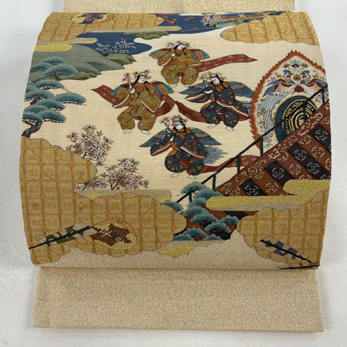 袋帶 逸品級 綴織 人物 雲紋 金絲 米色 大鼓圖案 純蠶絲