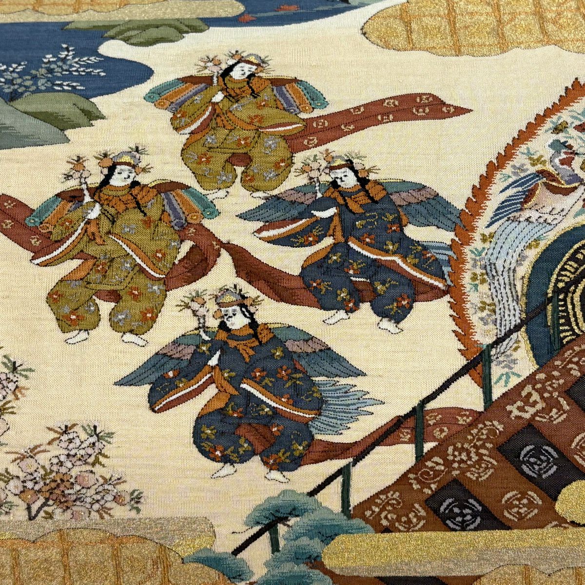 袋帶 逸品級 綴織 人物 雲紋 金絲 米色 大鼓圖案 純蠶絲