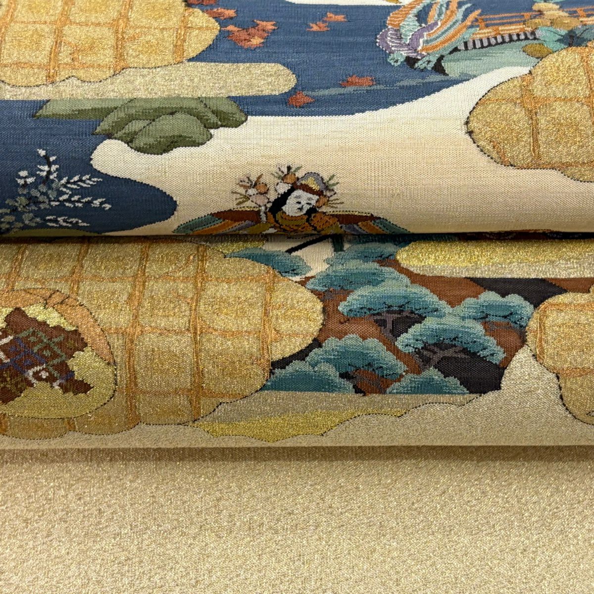 袋帶 逸品級 綴織 人物 雲紋 金絲 米色 大鼓圖案 純蠶絲