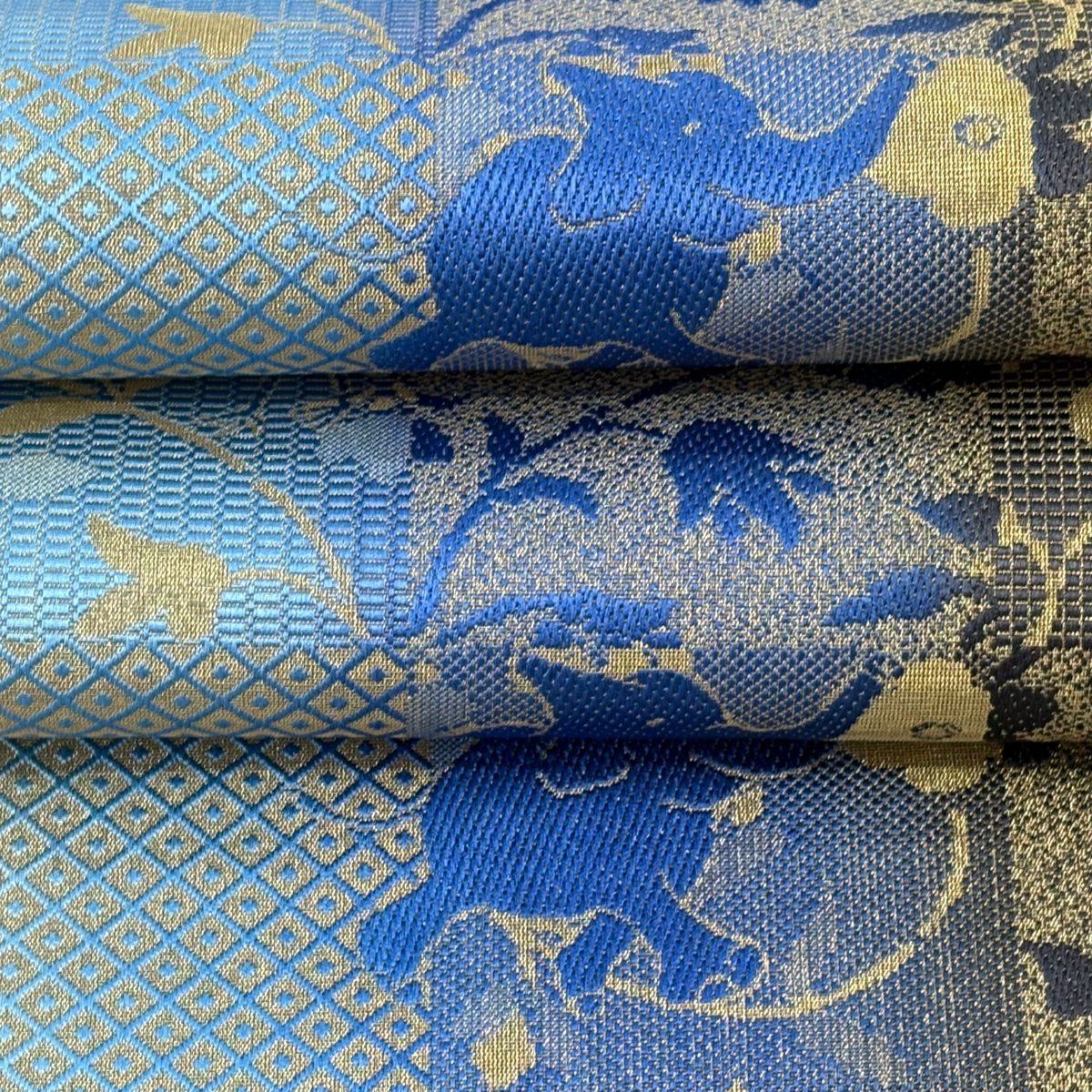 袋帶 逸品級 大象 貓頭鷹 金絲 藍色 全通 純蠶絲
