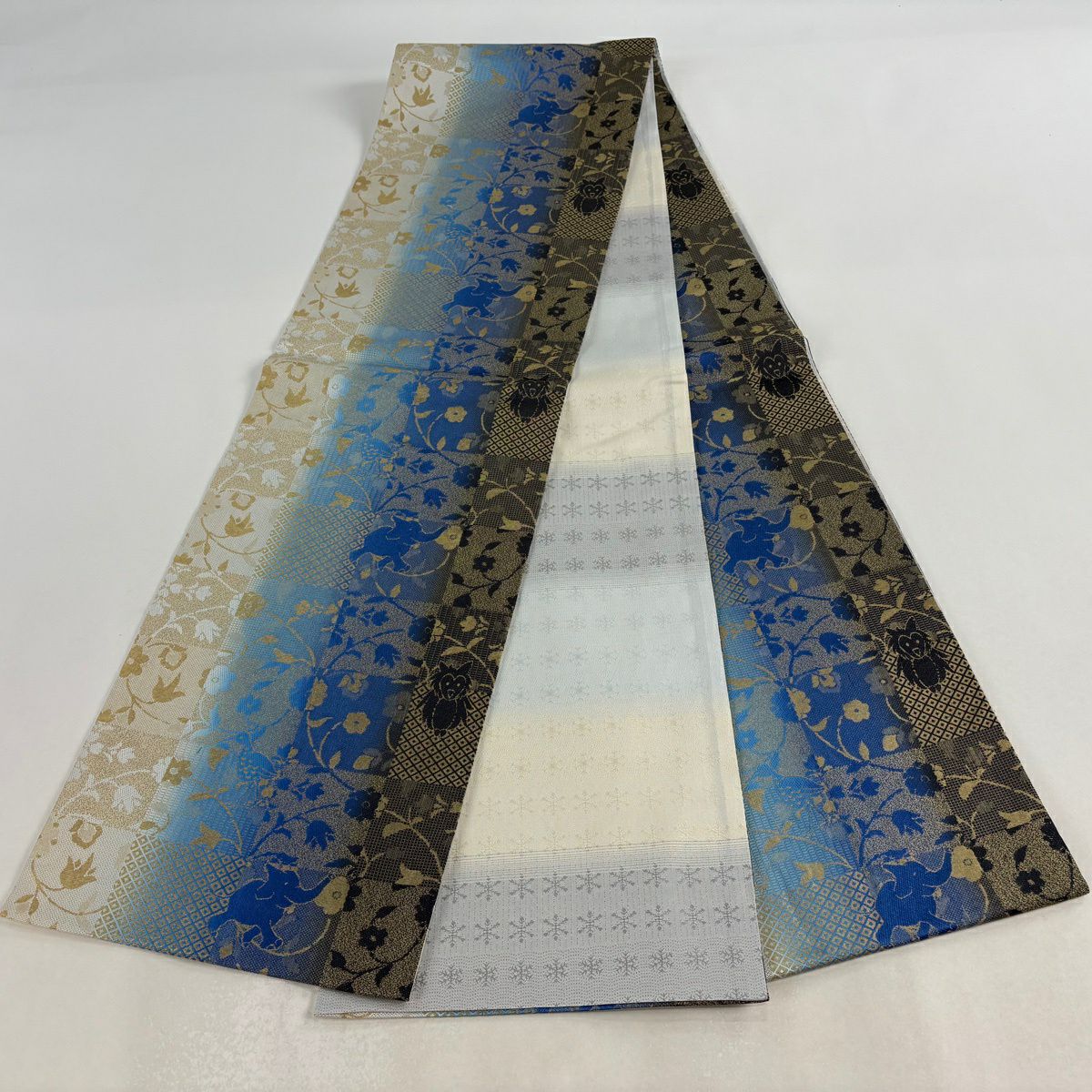 袋帶 逸品級 大象 貓頭鷹 金絲 藍色 全通 純蠶絲