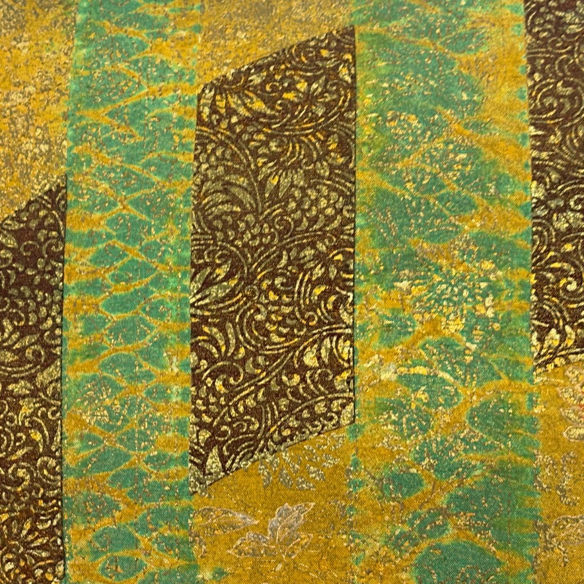 【美品】 袋帶 逸品級 落款 牛首紬織織地 縞 草花紋 金銀彩 黃土 深藍 純蠶絲