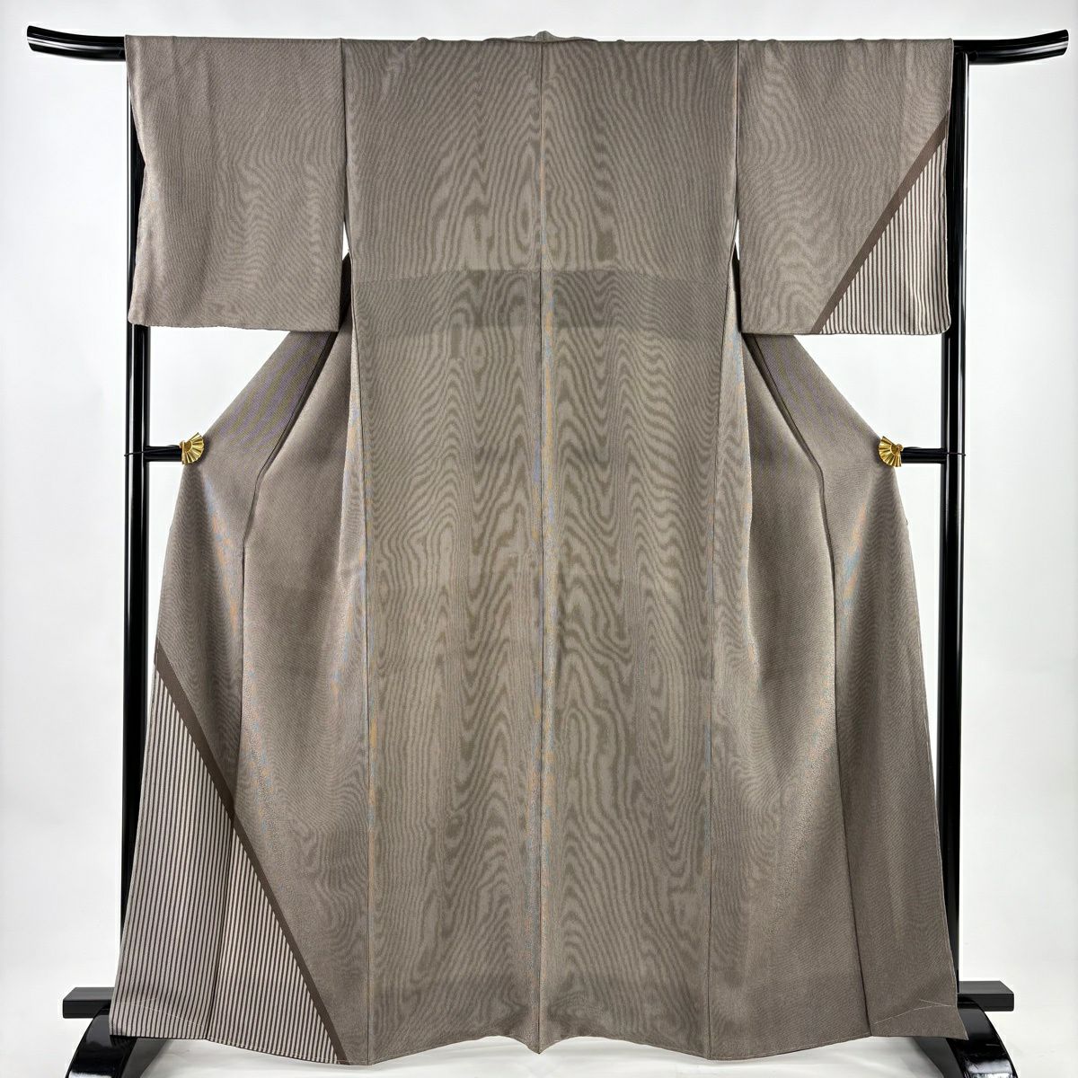 【美品】 付下 身長164cm 袖長67cm M 雙層 垂直條紋 絞織 茶 純蠶絲 名品級