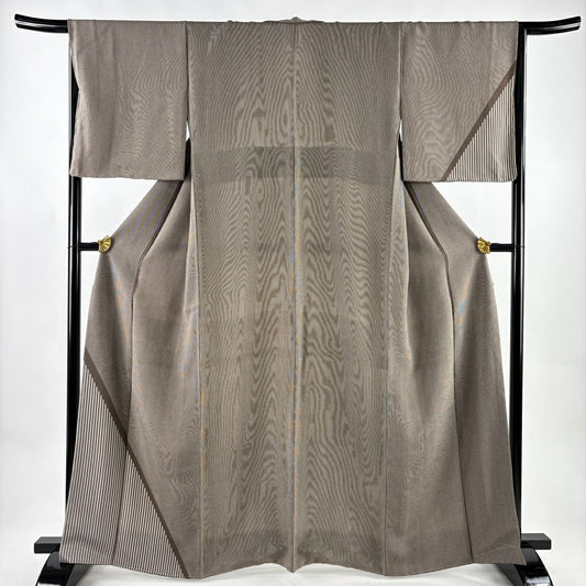 【美品】 付下 身長164cm 袖長67cm M 雙層 垂直條紋 絞織 茶 純蠶絲 名品級