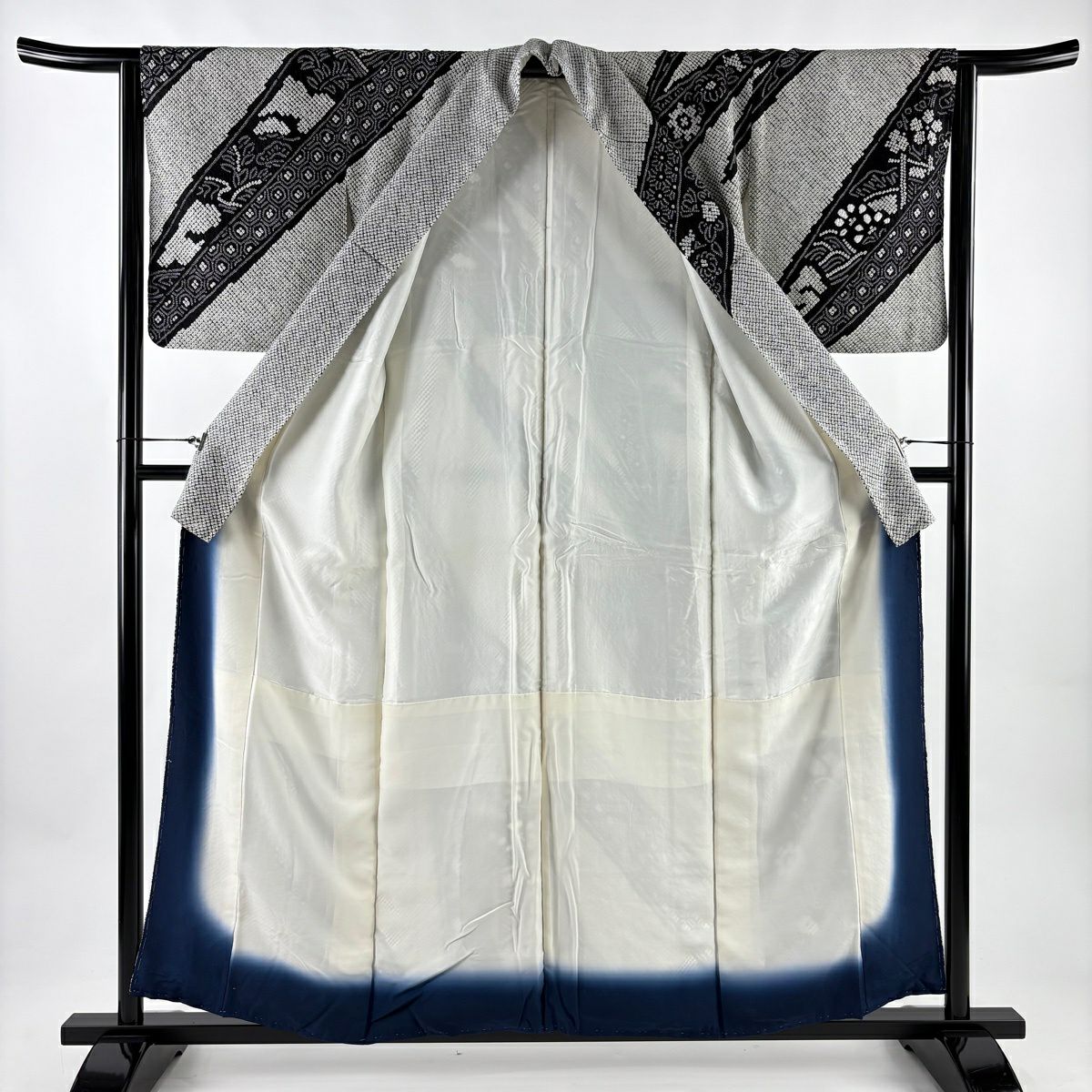 訪問服 身長157.5cm 袖長65cm M 雙層 花籠 有職紋樣 總絞染 黑 純蠶絲 名品級