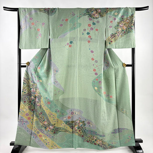 訪問服 身長162.5cm 袖長67cm M 雙層 辻花染圖案 地紋 金彩裝飾 灰綠 純蠶絲 名品級