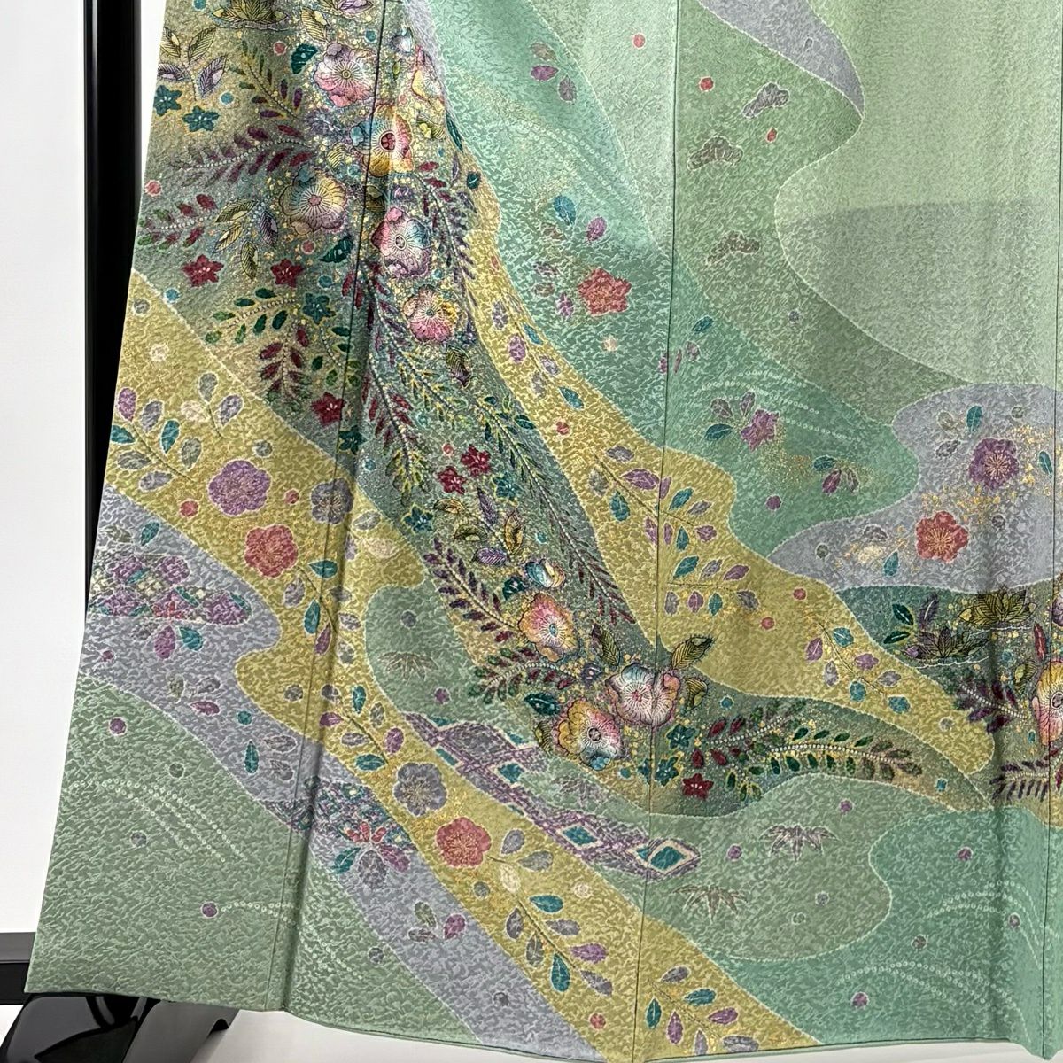 訪問服 身長162.5cm 袖長67cm M 雙層 辻花染圖案 地紋 金彩裝飾 灰綠 純蠶絲 名品級