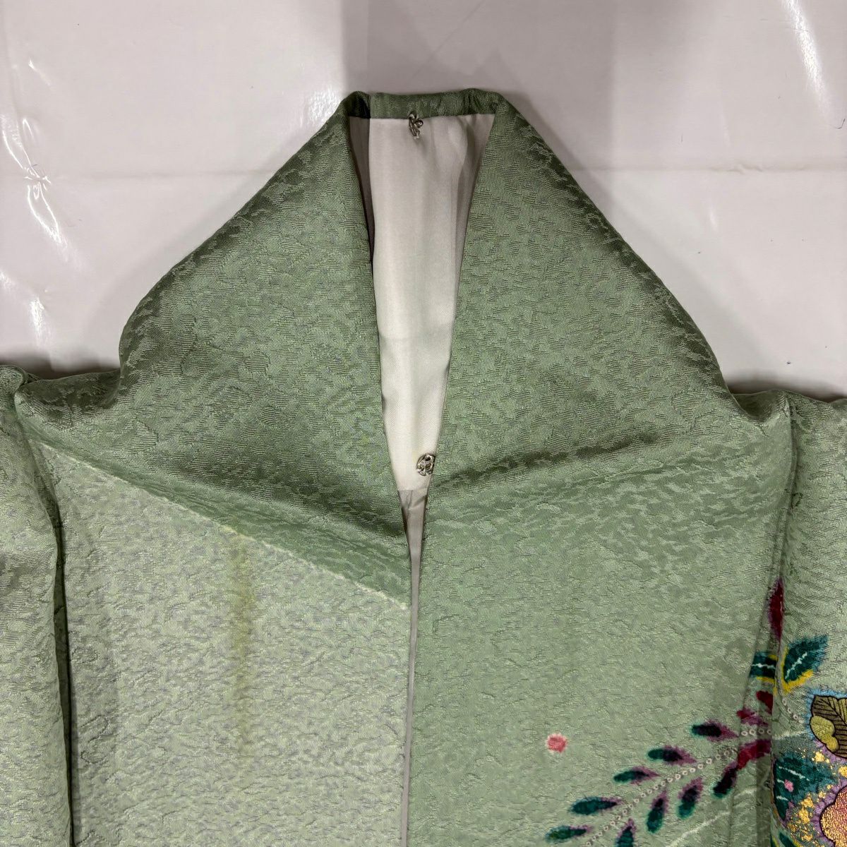 訪問服 身長162.5cm 袖長67cm M 雙層 辻花染圖案 地紋 金彩裝飾 灰綠 純蠶絲 名品級