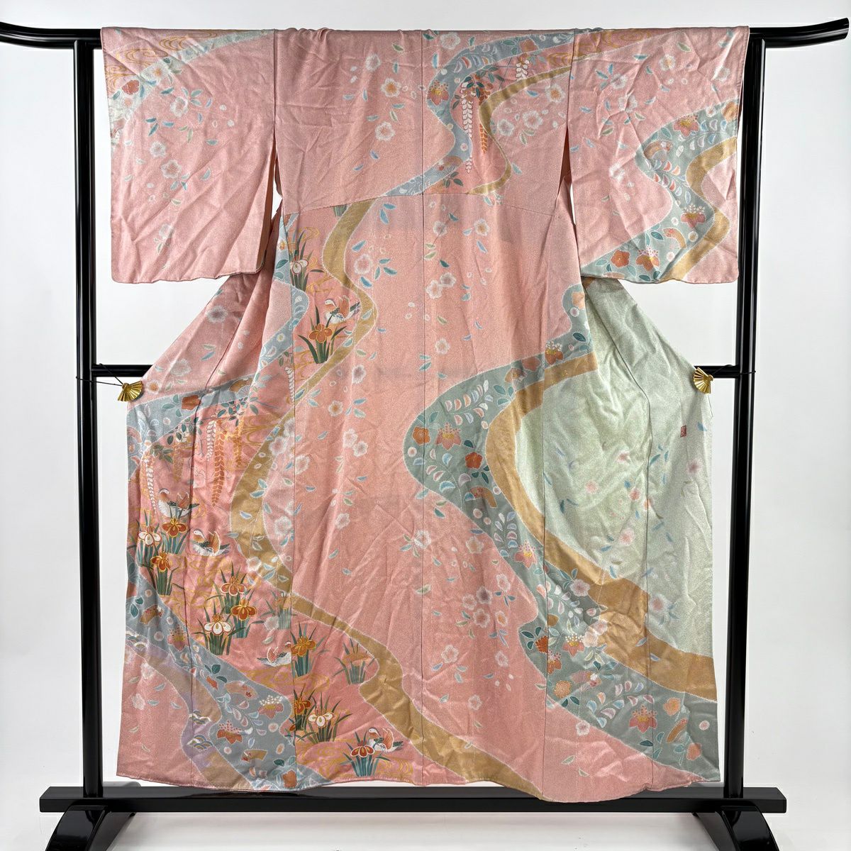 訪問服 身長155cm 袖長63cm S 雙層 落款 鴛鴦 草花紋 金絲 金銀彩 粉紅 純蠶絲 名品級