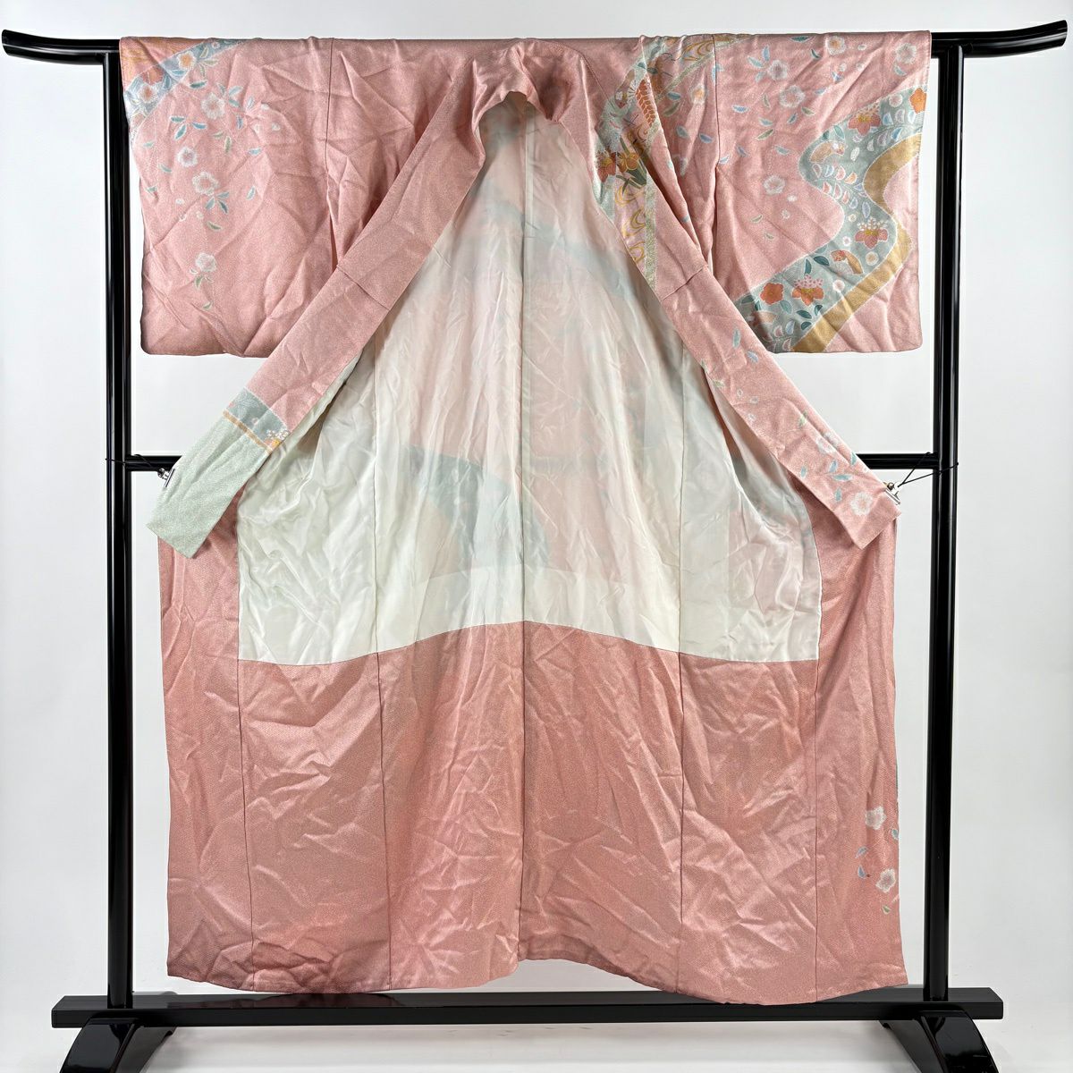 訪問服 身長155cm 袖長63cm S 雙層 落款 鴛鴦 草花紋 金絲 金銀彩 粉紅 純蠶絲 名品級