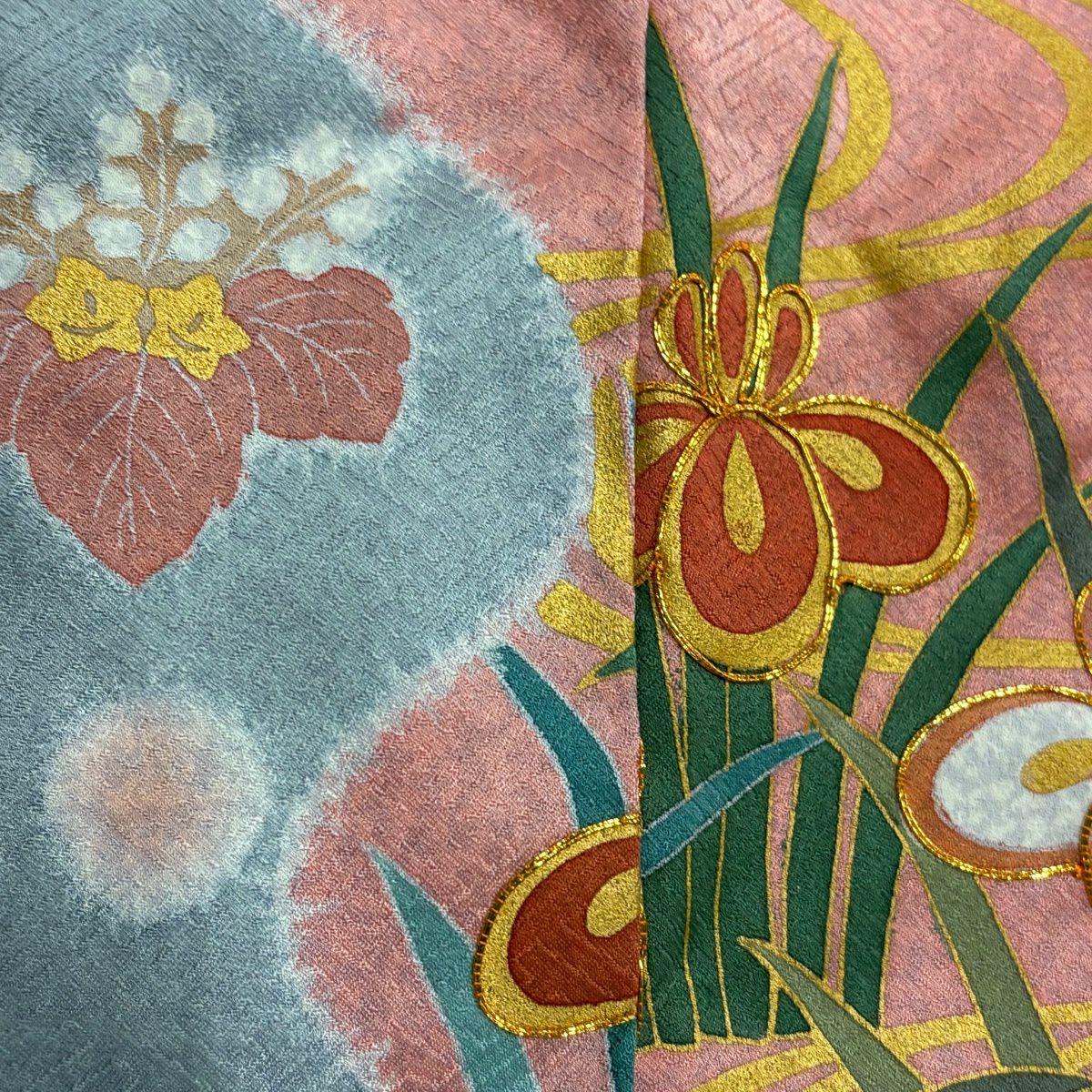 訪問服 身長155cm 袖長63cm S 雙層 落款 鴛鴦 草花紋 金絲 金銀彩 粉紅 純蠶絲 名品級