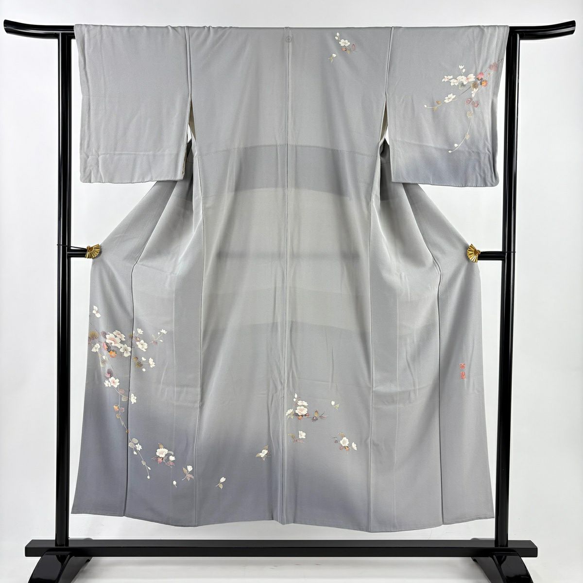 付下 身長151cm 袖長62.5cm S 雙層 百貫達雄 落款有 枝花 漸層 灰色 純蠶絲 名品級 一個紋