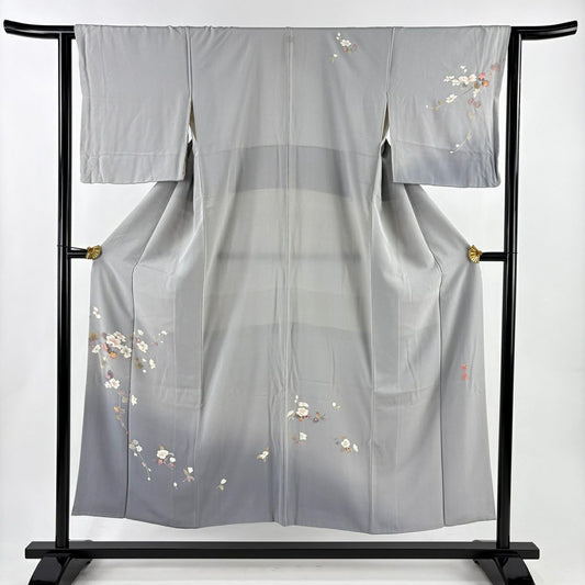 付下 身長151cm 袖長62.5cm S 雙層 百貫達雄 落款有 枝花 漸層 灰色 純蠶絲 名品級 一個紋