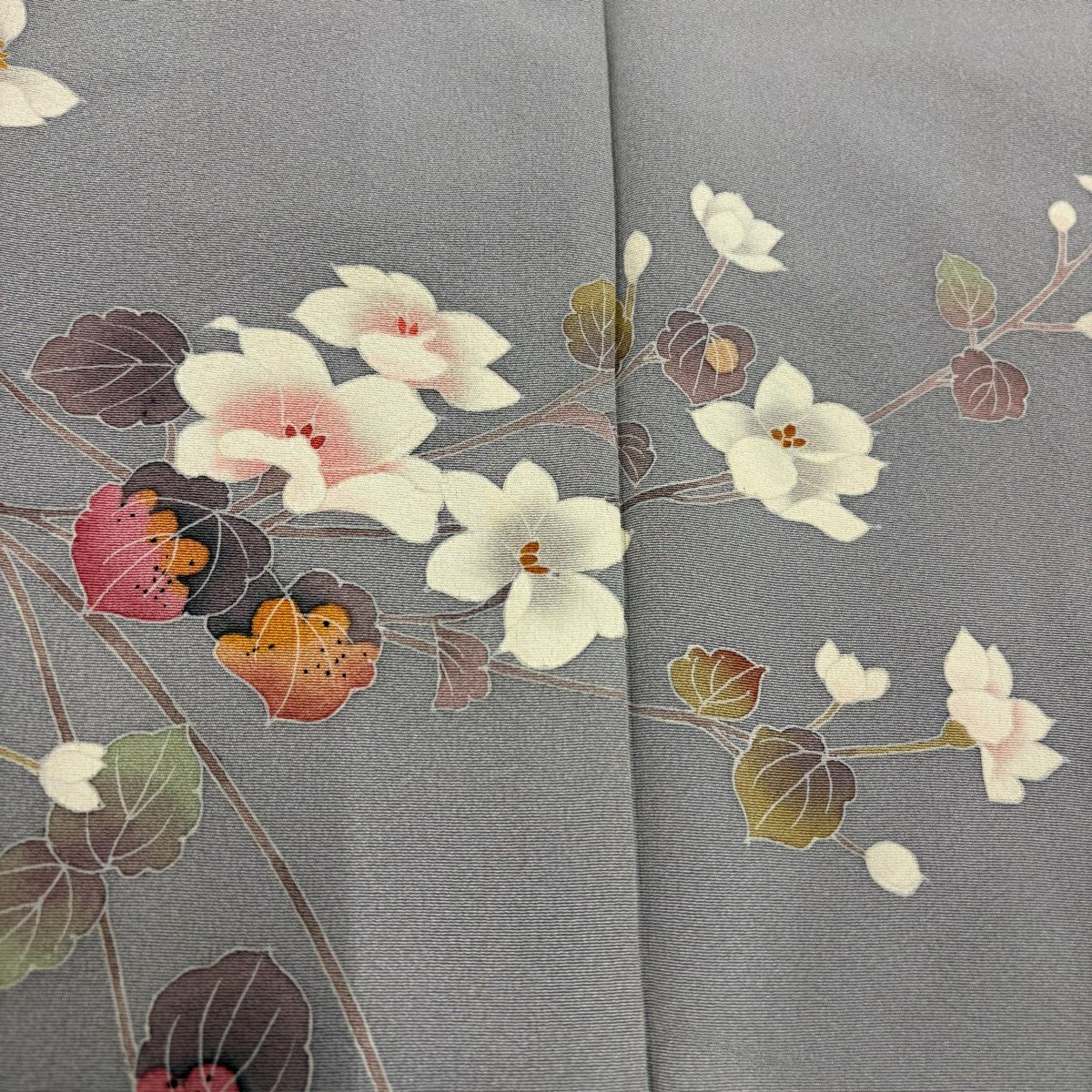 付下 身長151cm 袖長62.5cm S 雙層 百貫達雄 落款有 枝花 漸層 灰色 純蠶絲 名品級 一個紋