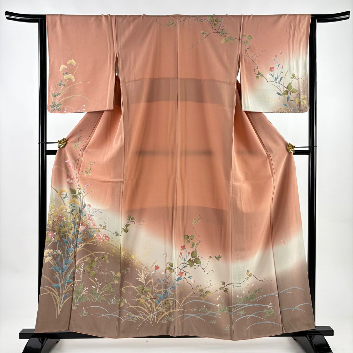 訪問服 身長158cm 袖長63.5cm S 雙層 落款 草花紋紋 芝 金銀彩 染分 粉米色 純蠶絲 名品級