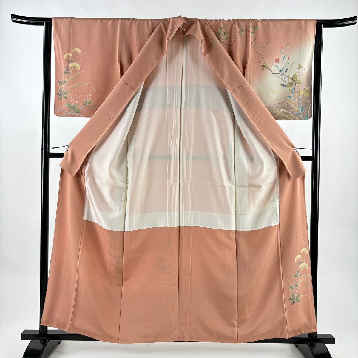 訪問服 身長158cm 袖長63.5cm S 雙層 落款 草花紋紋 芝 金銀彩 染分 粉米色 純蠶絲 名品級