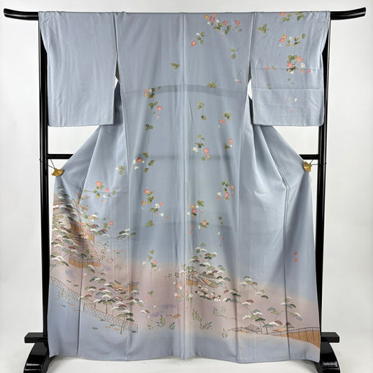 訪問服 身長166.5cm 袖長65.5cm M 雙層 百貫達雄 落款あり 家屋 草花紋紋 漸層 青灰色 純蠶絲 名品級