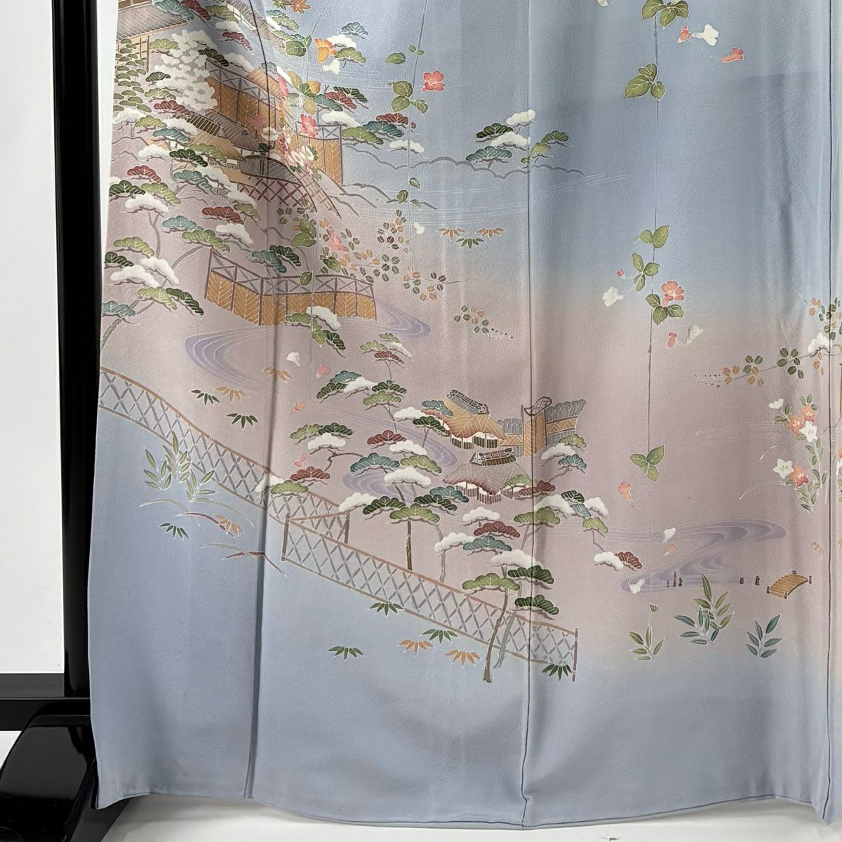 訪問服 身長166.5cm 袖長65.5cm M 雙層 百貫達雄 落款あり 家屋 草花紋紋 漸層 青灰色 純蠶絲 名品級