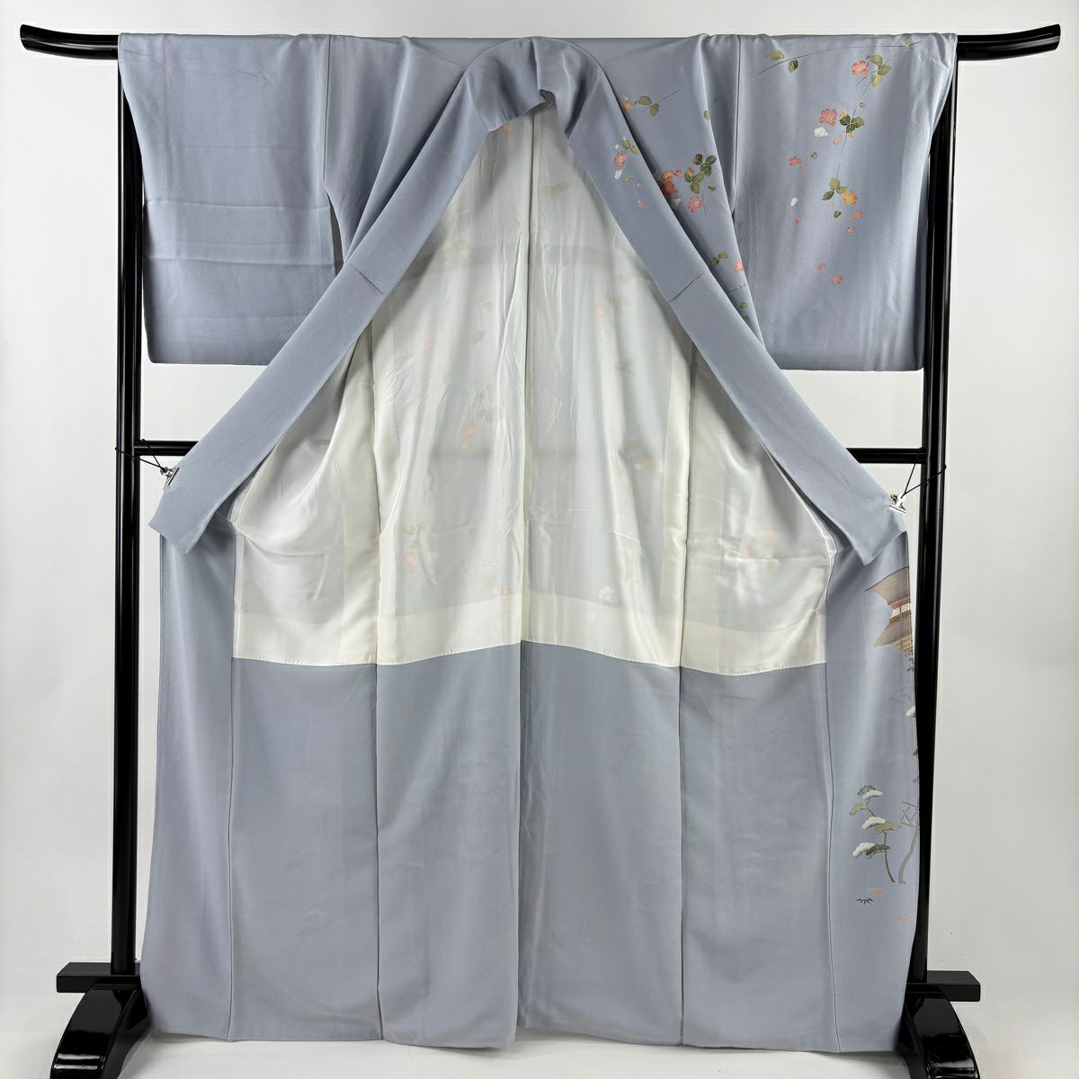訪問服 身長166.5cm 袖長65.5cm M 雙層 百貫達雄 落款あり 家屋 草花紋紋 漸層 青灰色 純蠶絲 名品級