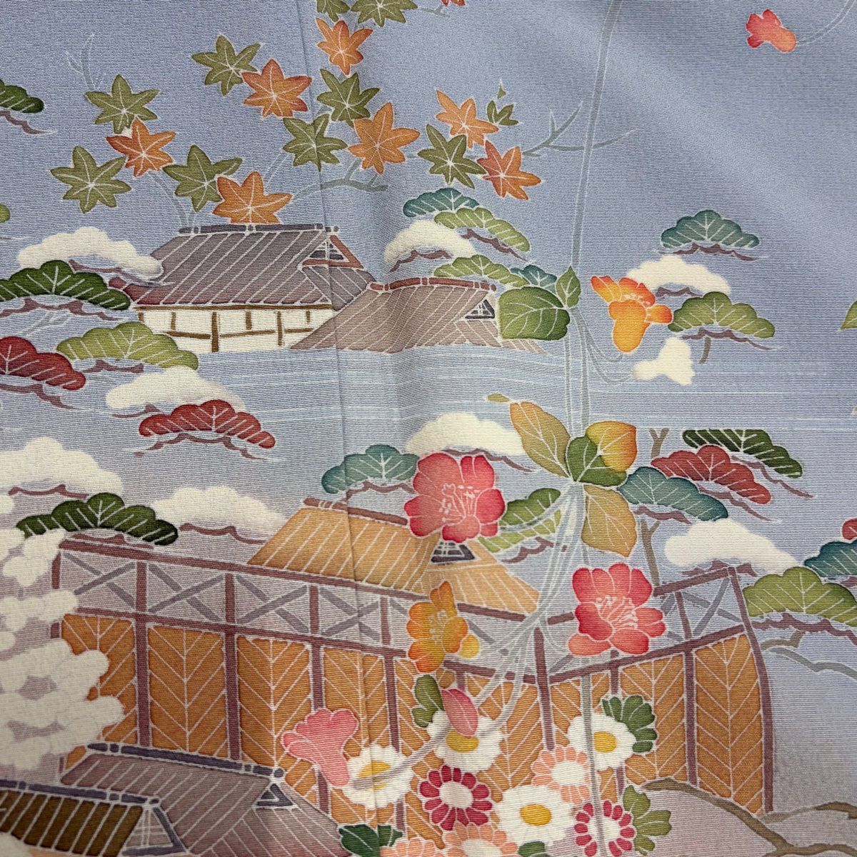 訪問服 身長166.5cm 袖長65.5cm M 雙層 百貫達雄 落款あり 家屋 草花紋紋 漸層 青灰色 純蠶絲 名品級