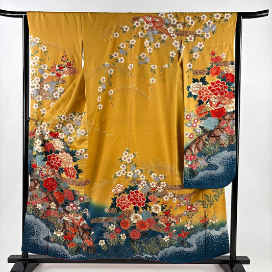 振袖禮服 身長158cm 袖長63cm S 雙層 牡丹 櫻花 金銀彩 染分 山吹 純蠶絲 名品級