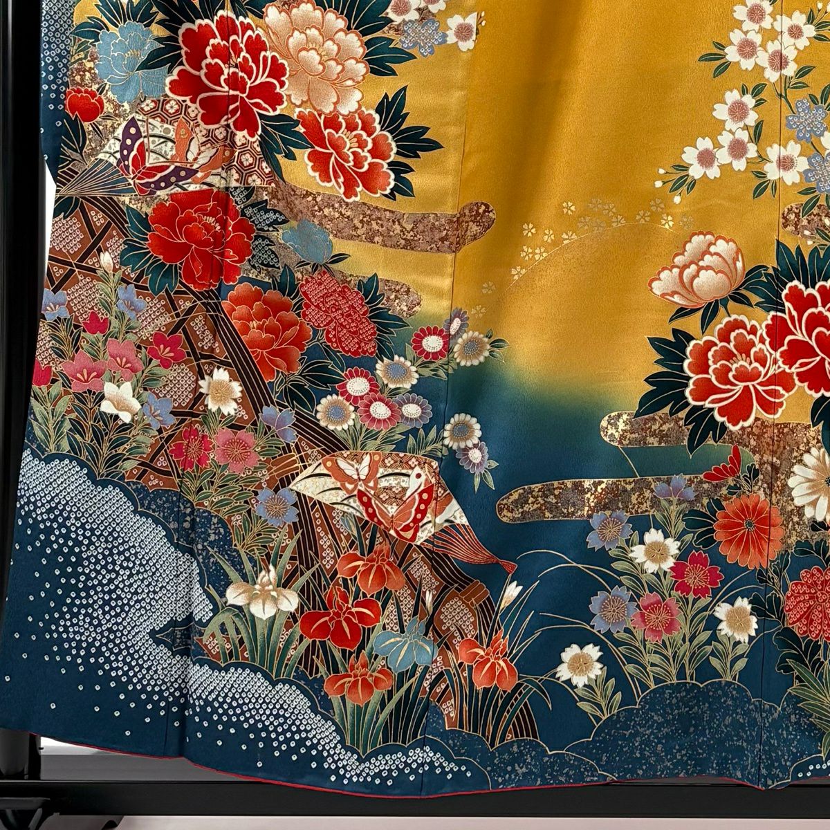 振袖禮服 身長158cm 袖長63cm S 雙層 牡丹 櫻花 金銀彩 染分 山吹 純蠶絲 名品級